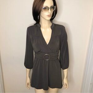 NEW DIRECTIONS VTG Dark Gray Y2K Eyelet Blouse Silver Circle Hardware SZ S